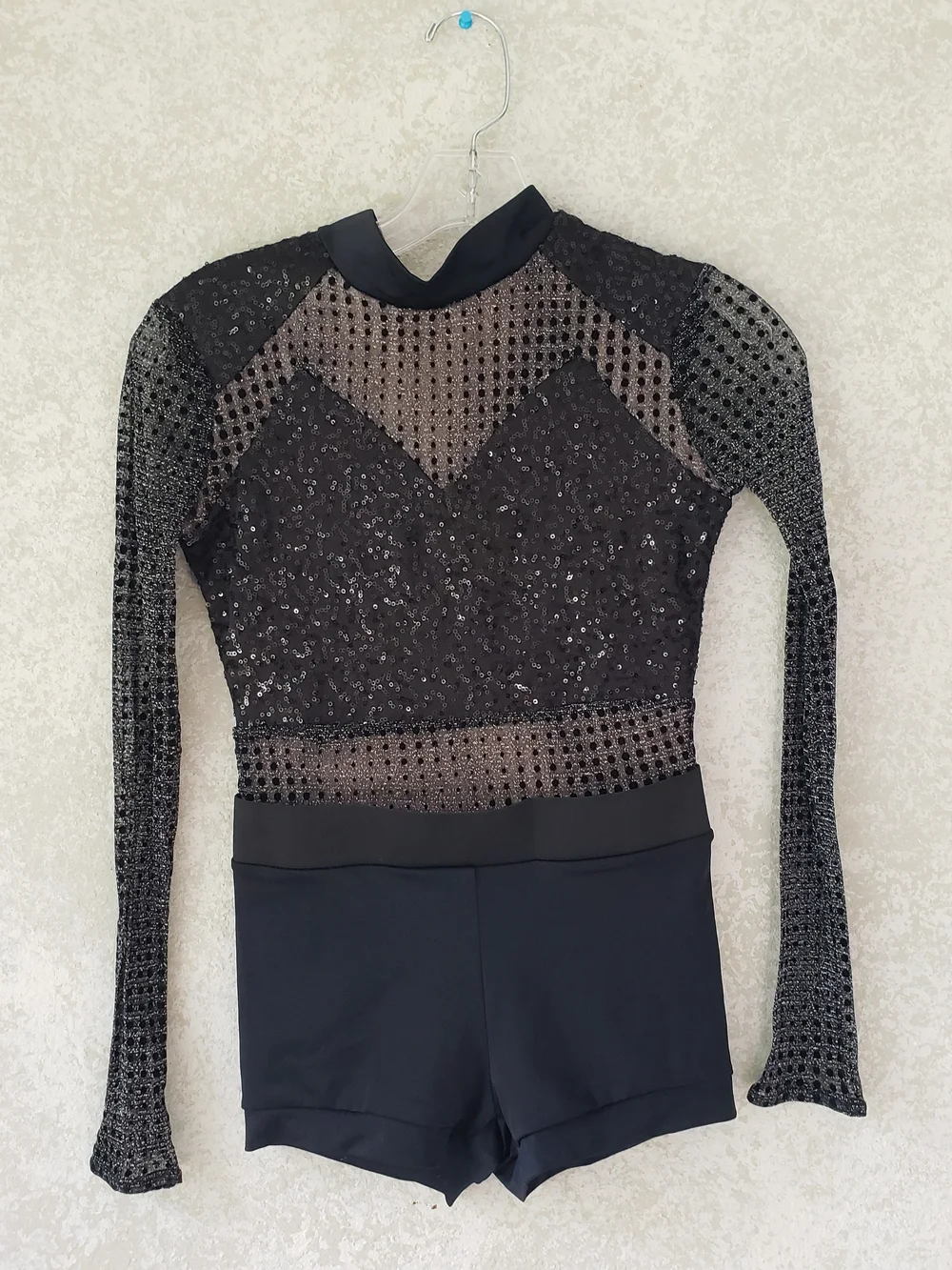 Weissman Girls  Black Sequin‎ Mesh Long-Sleeve Bodysuit Size LC Dancewear